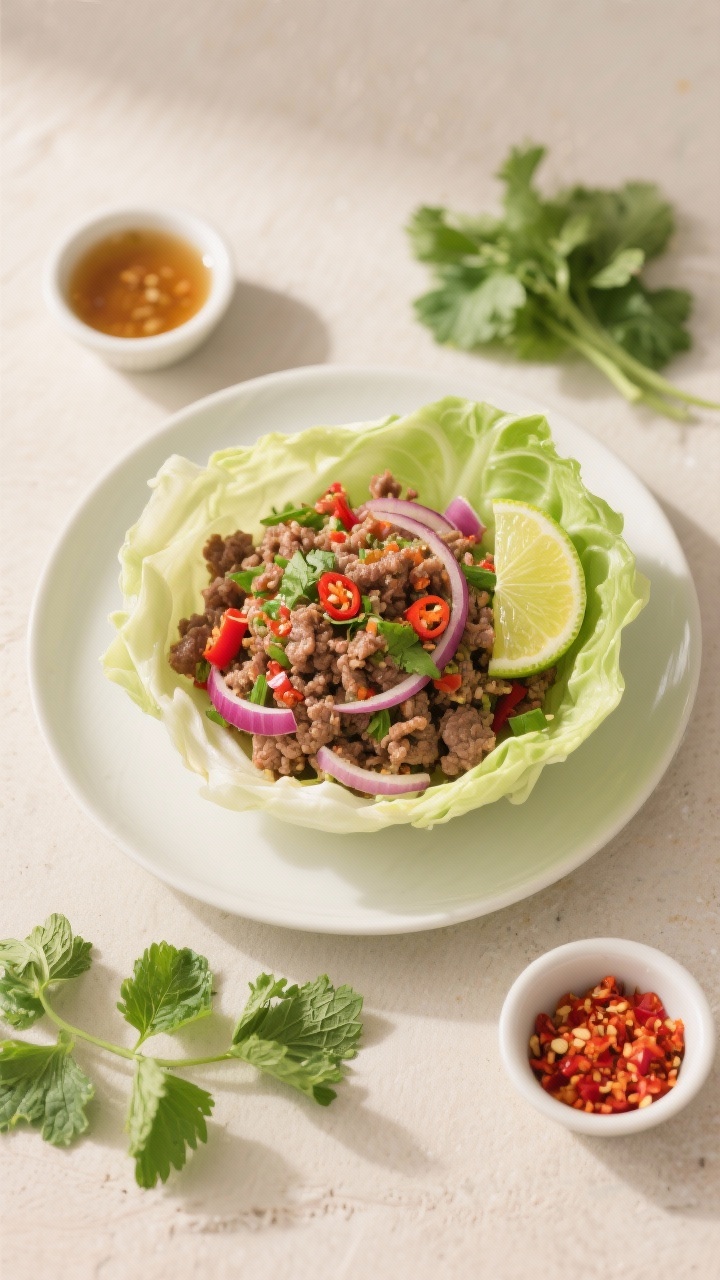 Overhead ingredient-to-plate composition for Thai-inspired beef larb: crumbled lean ground beef tossed with very thin red onion, Thai chiles/red pepper flakes, fresh lime juice, fish sauce, and herbs, served in crunchy cabbage cups; lime wedges, chopped cilantro and mint scattered; neutral background, small ramekins of fish sauce and chile flakes in frame, bright, zesty mood.