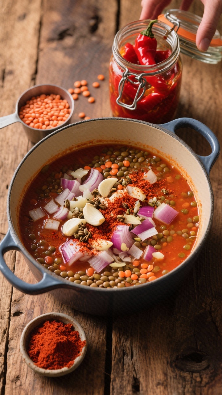 Overhead ingredient-to-pot action shot for Smoky Roasted Red Pepper and Lentil Soup: a Dutch oven with sautéed chopped onion and minced garlic dusted with smoked paprika and cumin, a jar of drained roasted red peppers ready to be added, a measuring cup of dry red lentils nearby; rustic wooden table, warm tones, small bowl of paprika showing its deep red color, conveying hearty, smoky aroma before blending.