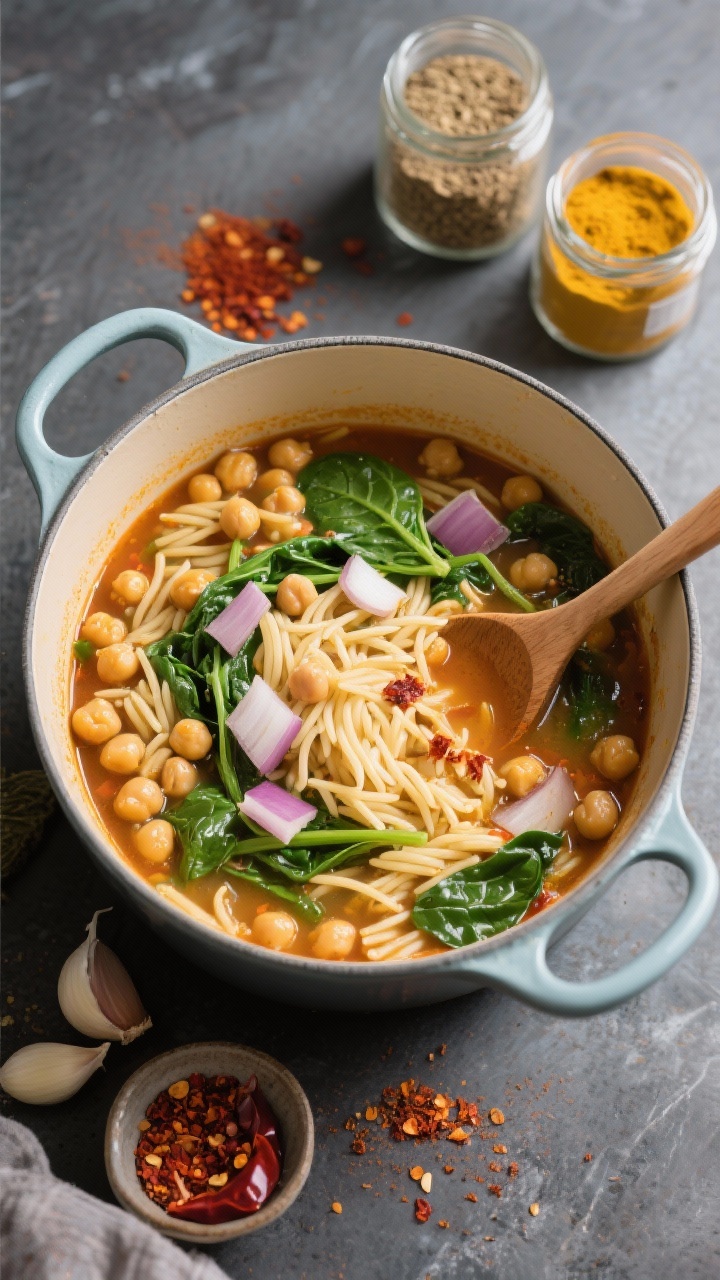 Overhead ingredient-to-pot action shot of spiced chickpea, spinach, and orzo soup mid-simmer in a Dutch oven: visible chickpeas, short orzo pasta, ribbons of fresh spinach, diced onion and garlic, and a warm hued broth seasoned with cumin, turmeric, paprika, and a pinch of chili flakes; a wooden spoon stirring; spice jars and a small heap of chili flakes scattered artfully; vibrant, hearty, meal-in-a-bowl feel.