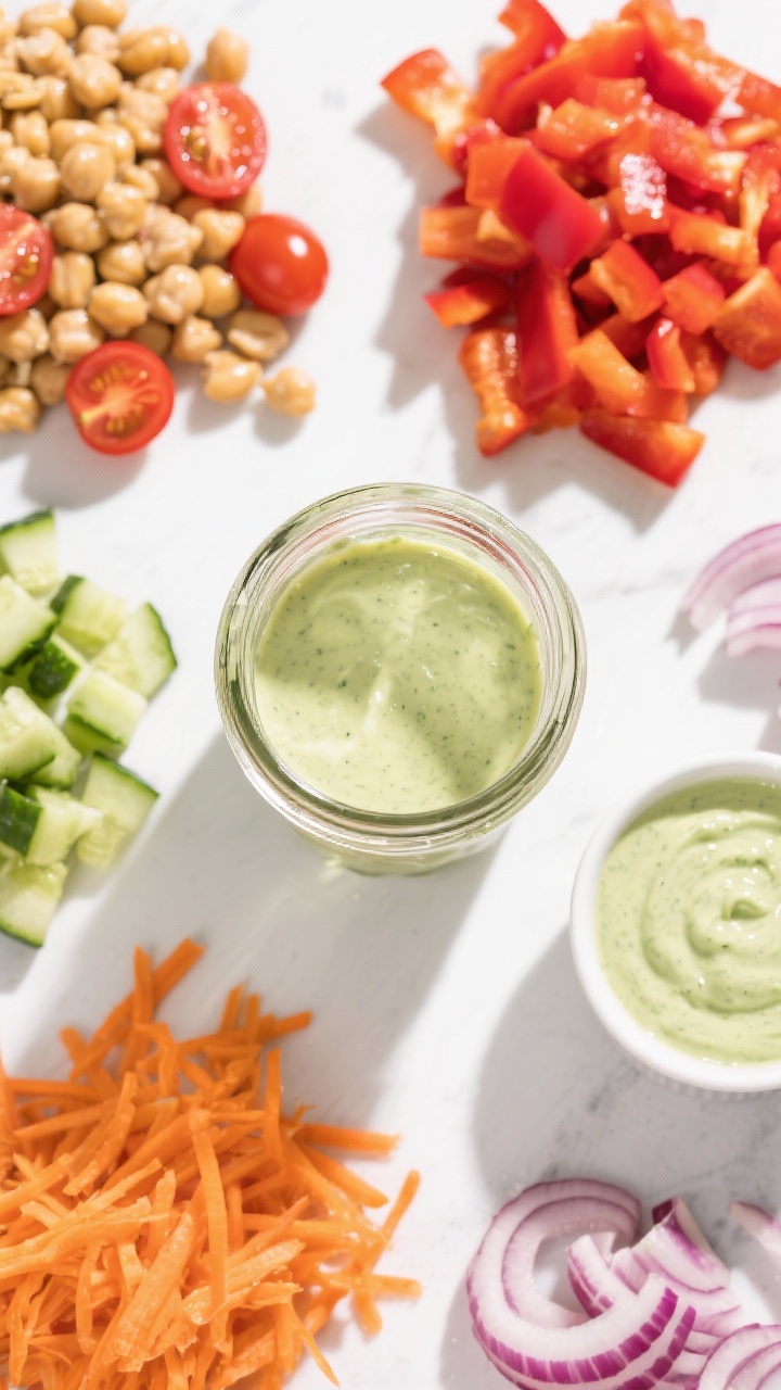 Overhead ingredients-to-assembly flat lay for a Rainbow Mason Jar Chopped Salad: neat piles of chickpeas, halved cherry tomatoes, diced cucumber, shredded carrots, diced red bell pepper, and thinly sliced red onion arranged around an empty wide-mouth mason jar; a small ramekin of creamy green goddess dressing ready for layering; bright, saturated colors on a white surface, tidy styling, freshness emphasized.