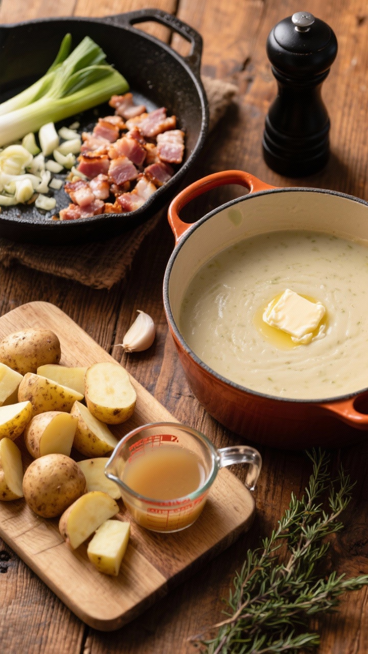 Overhead ingredients-to-cooking transition shot for creamy potato leek soup: diced pancetta crisping in a skillet, next to a Dutch oven with butter melting over sliced cleaned leeks and minced garlic; peeled, diced Yukon Gold potatoes on a cutting board, vegetable or chicken broth in a measuring cup, thyme sprigs and black pepper grinder included; warm, rustic lighting on a wooden table.
