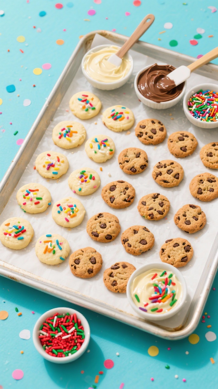 Overhead “Kid-Approved Cookie Wonderland” ingredient-decorating scene: 24 mini plain sugar cookies, 12 funfetti cookies, 12 mini chocolate chip cookies, open bowls of vanilla and chocolate frosting with offset spatulas, 1/2 cup rainbow sprinkles and 1/2 cup holiday sprinkles in vibrant reds and greens; bright, playful styling on a parchment-lined baking sheet, colorful confetti backdrop, high-key lighting.