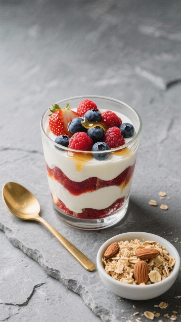 Overhead layered Greek yogurt berry parfait in a clear glass: 2% Greek yogurt swirled with vanilla, mixed berries (strawberries, blueberries, raspberries) in vibrant layers, a light drizzle of honey pooling on top; small side bowl of almond-oat crisp crumble ready to spoon over; set on a cool gray stone background with a minimal gold spoon.