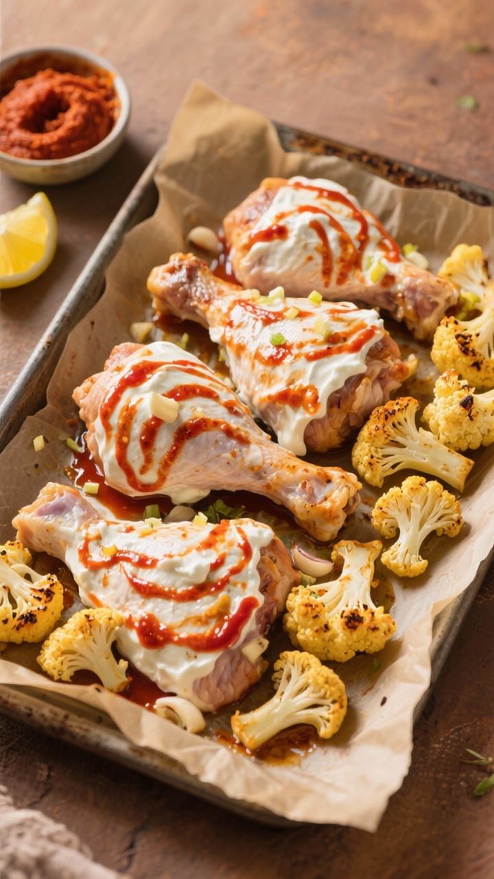 Overhead marination and roasting scene: bone-in chicken thighs (skin removed) coated in a creamy harissa-Greek yogurt marinade with minced garlic and lemon juice, arranged on a parchment-lined tray alongside golden roasted cauliflower florets; visible swirls of red harissa through the yogurt, slight char spots on cauliflower; small pinch bowls of harissa paste and lemon wedges nearby; warm, North African-inspired styling with earthy tones.