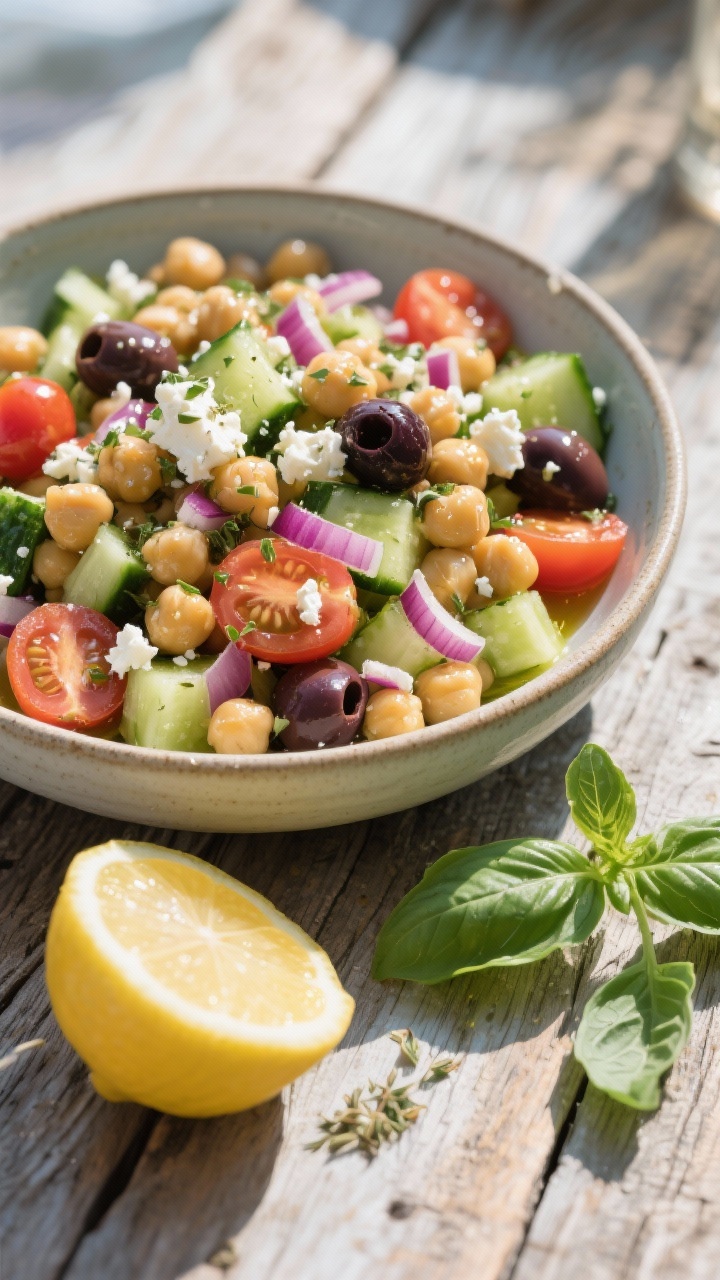 Overhead Mediterranean chickpea salad in a shallow bowl: canned chickpeas tossed with diced cucumber, halved cherry tomatoes, finely chopped red onion, sliced Kalamata olives, and a light scatter of crumbled feta; glistening with olive oil and a hint of dried oregano; rustic wooden table with a lemon half and torn basil leaves for a sunny coastal vibe.