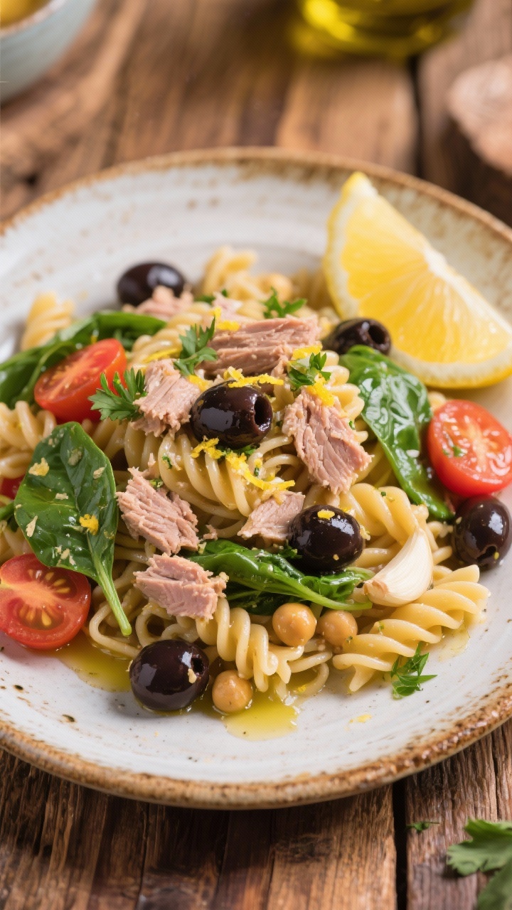 Overhead Mediterranean tuna pasta: whole wheat (or chickpea) pasta tossed with tuna in olive oil, lemon zest and juice, minced garlic, briny Kalamata olives, baby spinach just wilted, cherry tomato halves, and parsley; extra-virgin olive oil drizzled on top, lemon halves on the side; rustic ceramic platter on a wooden table, lively Mediterranean color palette, no people.
