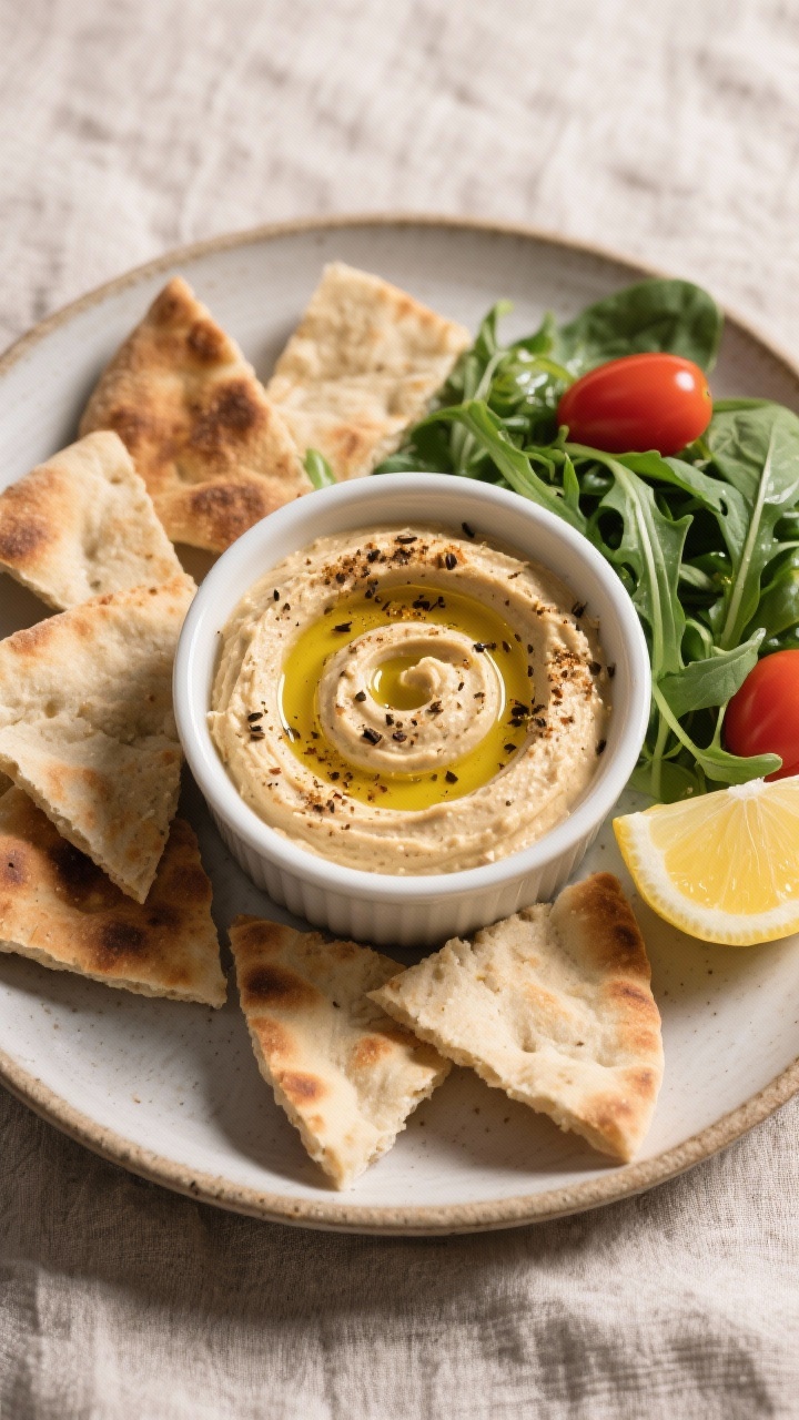 Overhead mezze-style layout: a ramekin of smooth hummus with a swirl and olive oil puddle, dusted with cumin and black pepper; warm whole-wheat pita cut into wedges (or 4–6 pita chips) arranged around; a small side of baby spinach or arugula tossed with olive oil and lemon juice; optional cherry tomatoes for color; neutral ceramic plate on linen, inviting, no hands.