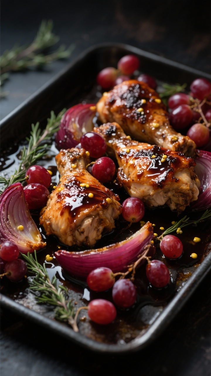 Overhead moody roast: balsamic-glazed chicken thighs nestled with bursting red seedless grapes and red onion wedges on a dark sheet pan. Glossy balsamic reduction with Dijon mustard sheen, light char on edges, olive oil glisten, scattered fresh thyme sprigs for aroma. Rich jewel tones, sticky-sweet glaze pooling slightly around grapes; dark backdrop for contrast.