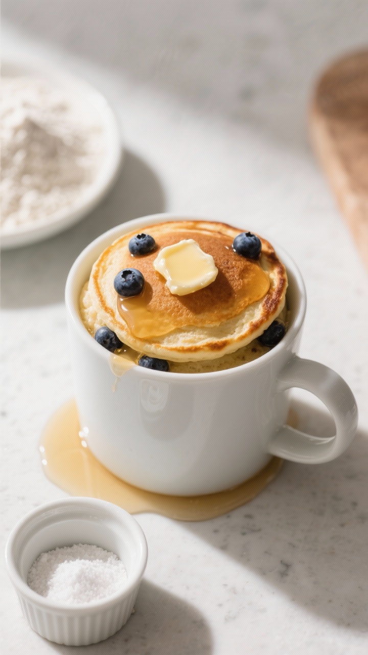 Overhead mug shot of One-Bowl Maple Blueberry Mug Pancake: a fluffy pancake risen in a white ceramic mug, blueberries peeking through the surface, glossy melted butter dotting the top, a drizzle of maple syrup pooling around; ingredients (flour, baking powder, pinch of salt) in tiny ramekins nearby, casual countertop scene, bright light.