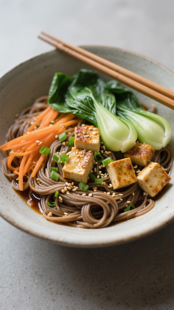 Overhead noodle bowl: Miso-ginger soba with tofu and steamed bok choy in a deep bowl; buckwheat soba tossed with a glossy miso-ginger dressing and sesame oil, golden-seared firm tofu cubes, halved baby bok choy bright green and just-steamed, julienned carrot ribbons, thinly sliced green onions, toasted sesame seeds sprinkled over; minimal Japanese-inspired styling, chopsticks resting on the rim.