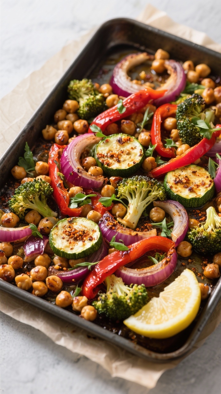 Overhead one-pan bake: Moroccan-spiced chickpea and veggie sheet-pan scene with chickpeas, red onion wedges, red bell pepper strips, half-moon zucchini, and broccoli florets tossed in olive oil and warm spices (cumin/coriander vibes implied), roasted until caramelized edges and vibrant color. Garnished with fresh herbs and lemon wedges at the pan’s corner. Dark metal sheet tray on parchment, light hitting from the side to emphasize char and texture, inviting family-style presentation.