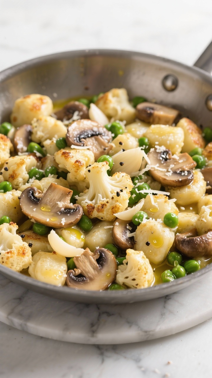 Overhead pasta-pan close-up of Garlicky Mushroom Cauliflower Gnocchi: golden-seared cauliflower gnocchi nestled with sautéed cremini mushrooms and sweet green peas; visible minced garlic and a shower of grated Parmesan; buttered gloss with olive oil droplets; finished with cracked pepper; cooked in a wide stainless skillet on marble, clean modern styling.