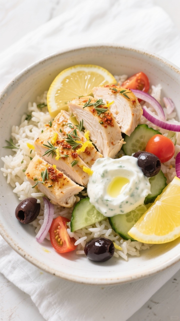 Overhead plated Greek chicken bowl: sliced lemon-herb chicken breasts marinated with lemon zest and juice, dried oregano, thyme, paprika, kosher salt, and black pepper; served over fluffy rice with cucumber, cherry tomatoes, red onion, Kalamata olives, and a dollop of yogurt-tzatziki; lemon wedges and a drizzle of olive oil; bright Mediterranean color palette, crisp daylight, clean ceramic bowl on white linen.