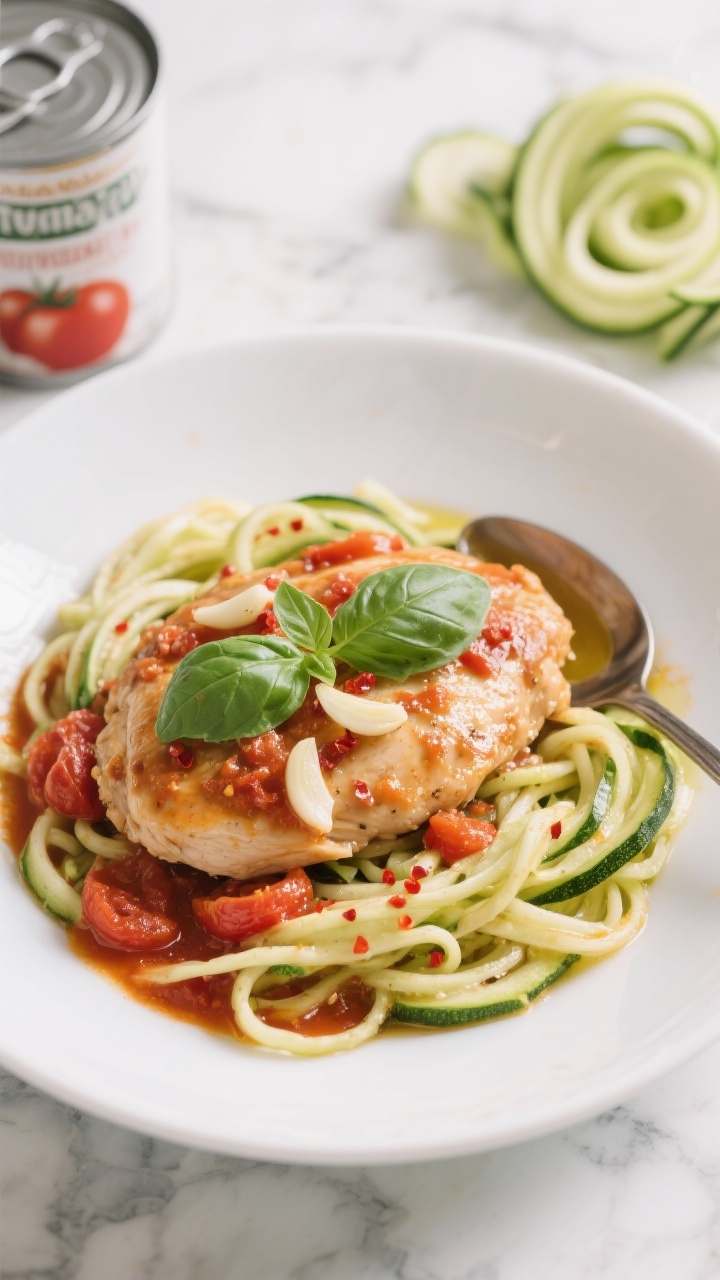 Overhead plated low-carb Italian comfort: tomato-basil poached boneless, skinless chicken thighs nestled in a lush sauce of crushed tomatoes, thinly sliced garlic, a hint of red pepper flakes, and fresh basil; spooned over twirled zucchini noodles that are glistening but tender-crisp; olive oil drizzled on top; garnished with torn basil; clean white bowl on a marble surface with a can of tomatoes and spiralized zucchini in background.