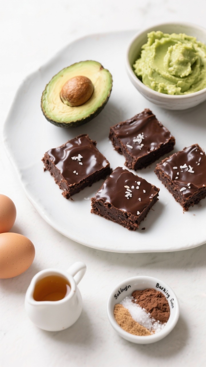 Overhead plated presentation of avocado brownies on a white ceramic plate, topped with a thin gloss of melted dark chocolate and a sprinkle of flaky salt. Include half a ripe avocado with pit, a bowl of very smooth mashed avocado, two eggs, coconut sugar in a pinch bowl, pure maple syrup in a mini creamer, unsweetened cocoa powder, and a tiny dish labeled baking soda and fine sea salt. Bright, clean light to emphasize silky texture and deep chocolate color.