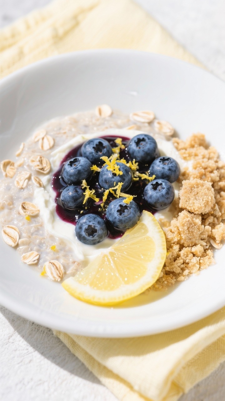 Overhead plated presentation of Blueberry Lemon Cheesecake oats: a shallow white bowl with oats mixed with milk, Greek yogurt, softened cream cheese, lemon zest, and lemon juice; crowned with fresh blueberries, a glossy blueberry compote ripple, fine lemon zest confetti, and a light graham-style crumble for cheesecake nod; cool summer tones, linen napkin in pale yellow, bright daylight for vibrant blues and citrus.