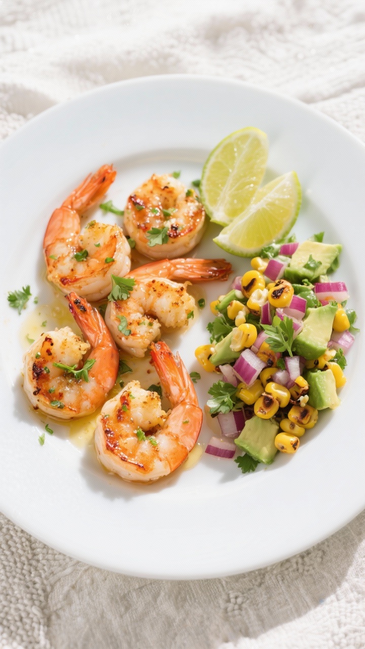 Overhead plated presentation of cilantro lime shrimp with corn and avocado salsa: large shrimp sautéed in olive oil with lime zest and juice, cumin, chili powder, and kosher salt, arranged beside a vibrant salsa of charred corn, diced avocado, red onion, and cilantro; lime wedges and a sprinkle of extra cilantro on a matte white plate over a textured linen, bright, fresh coastal mood.