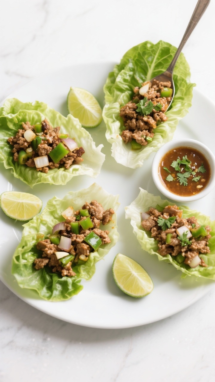 Overhead plated scene of Zesty Turkey Picadillo Lettuce Wraps: spoonfuls of savory ground turkey sautéed with diced onion, green bell pepper, garlic, cumin, oregano, and smoked paprika nestled in crisp lettuce cups; garnished with lime wedges, a sprinkle of chopped cilantro, and a small ramekin of picadillo juices; vibrant greens and earthy browns contrasted on a white platter, clean minimalist styling.