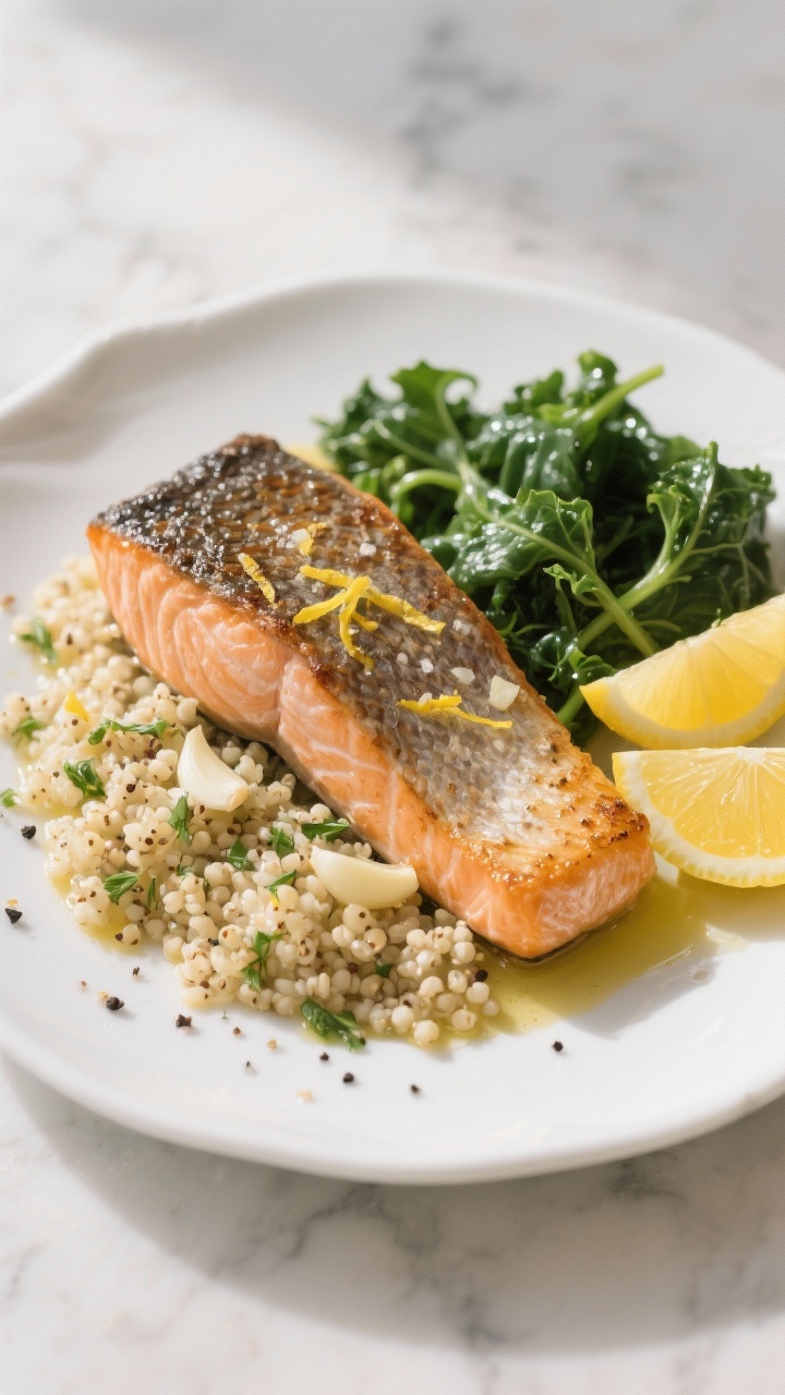 Overhead plated shot: Lemon-garlic salmon fillets, skin-on and seared to crisp edges, atop fluffy herbed quinoa on a white ceramic plate; lemon zest and juice glistening, minced garlic visible, a drizzle of extra-virgin olive oil, sea salt and cracked black pepper, with a side of “sleepy greens” (lightly wilted spinach and kale) and lemon wedges; bright, clean styling on a pale marble surface, soft evening light for a calming, sleep-friendly mood.