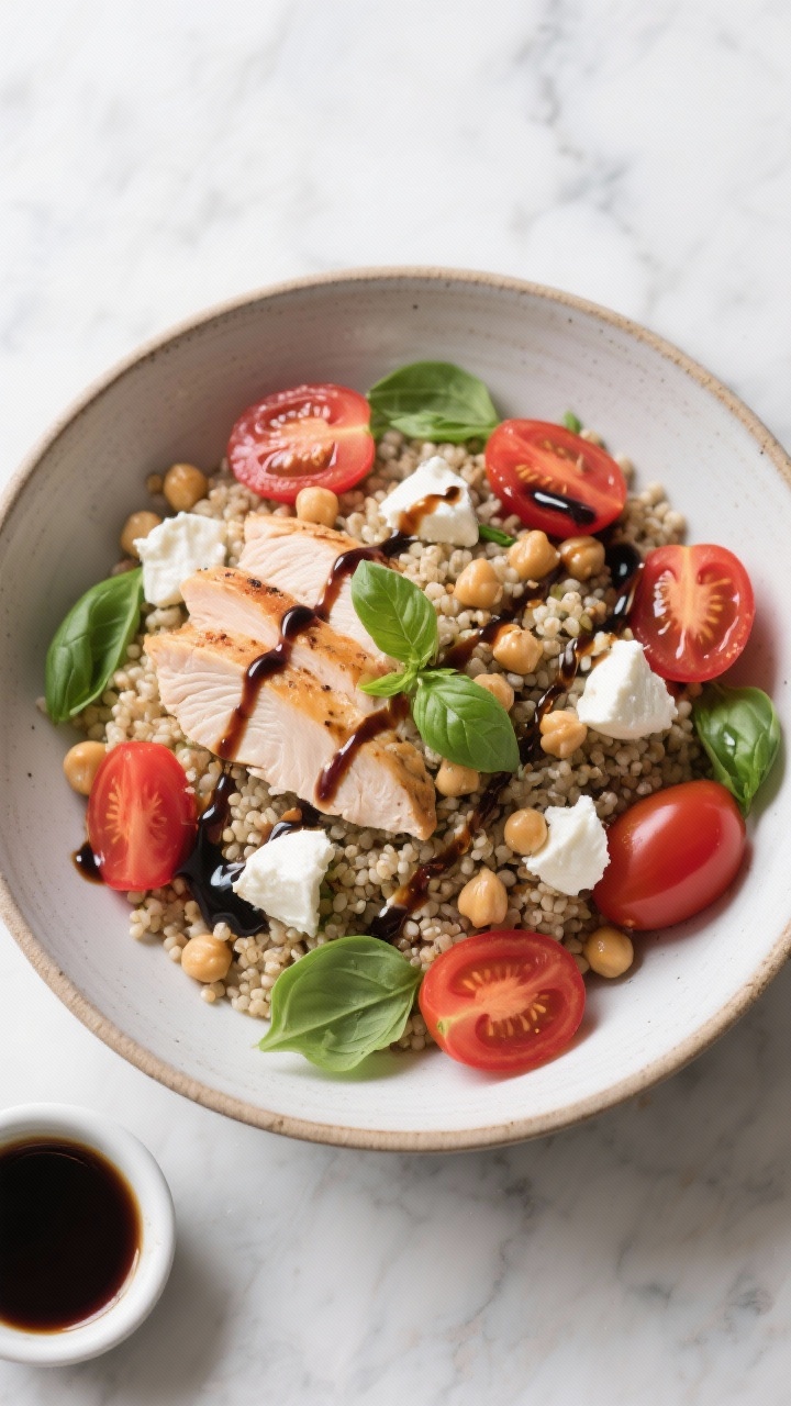 Overhead plated shot of a high-protein Caprese quinoa bowl: fluffy cooked quinoa base topped with sliced cooked chicken breast (or chickpeas), halved cherry tomatoes, fresh mozzarella pearls, and torn basil leaves; a glossy balsamic glaze drizzled in ribbons; served in a wide ceramic bowl on a light marble surface with a small dish of extra glaze; vibrant reds, whites, and greens, clean Mediterranean feel.