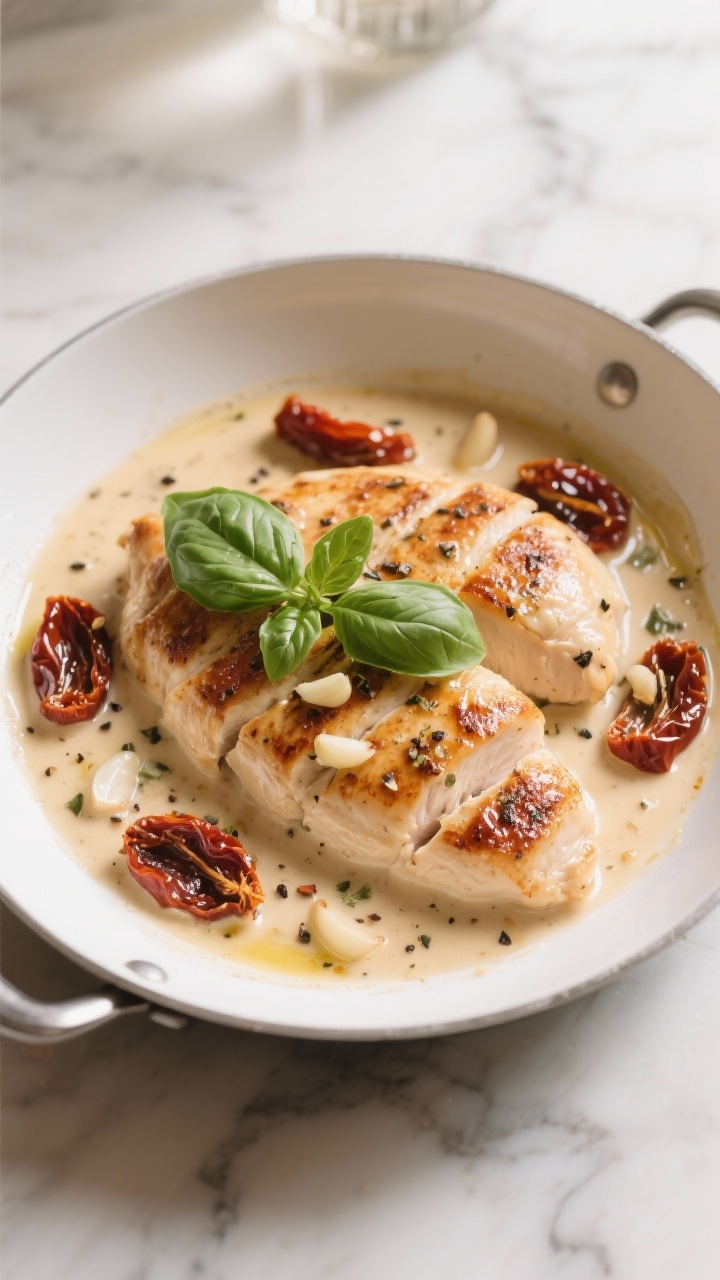 Overhead plated shot of Creamy Tuscan Chicken: seared boneless skinless chicken breasts nestled in a silky cream sauce with sun-dried tomatoes in oil (drained), minced garlic, flecks of Italian seasoning, and cracked black pepper, garnished with fresh basil; served in a wide white skillet over a marble surface, warm restaurant-at-home mood, soft window light highlighting glossy sauce and tomato ridges.