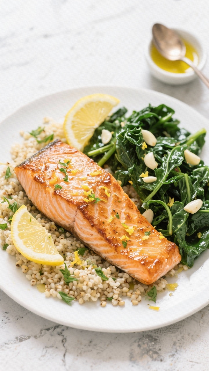 Overhead plated shot: Zesty lemon-herb salmon, skin-on fillets pan-seared to crisp edges, set over fluffy quinoa with a side of garlicky sautéed greens (spinach/kale) glistening with extra-virgin olive oil. Visible lemon zest and a glossy lemon-Dijon-honey drizzle over the salmon; minced garlic specks on the greens. Garnish with thin lemon slices and fresh herbs. Shot on a light stone surface with a small bowl of lemon juice and a spoon slick with olive oil nearby, bright, clean lighting, crisp textures emphasized.