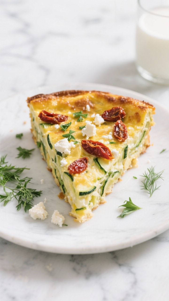Overhead plated slice: Baked zucchini frittata with feta, herbs, and sun-dried tomatoes, golden top with visible browned edges; wedge cut out and plated, showing layers of grated, well-squeezed zucchini amidst tender egg custard, crumbled feta pockets, and ruby pieces of sun-dried tomato; scattered fresh herbs (parsley/dill), a small pour of milk in the background, on a marble surface with clean, bright lighting.