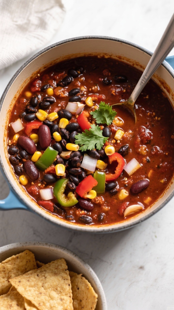 Overhead pot shot of no-fuss black bean chili: glossy stew with black beans, some kidney beans, diced onion, green and red bell peppers, garlic; deep chili-red color with visible spices; corn kernels folded in for pops of yellow; ladle submerged, a sprinkle of chopped cilantro on top; served with a side bowl of tortilla chips in the frame.