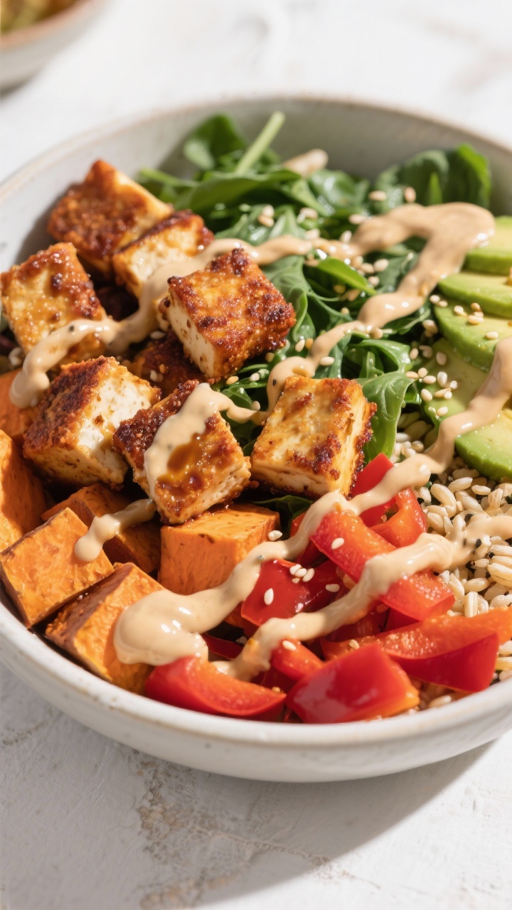 Overhead power bowl assembly for crispy baked tofu bowls: perfectly browned arrowroot-crisped tofu cubes tossed with tamari, arranged with roasted sweet potato cubes and roasted red bell pepper, plus a bed of mixed greens and grains; generous zigzag of glossy garlic-tahini drizzle, avocado oil shine, sesame seeds scattered; vibrant, nutritious composition on a wide shallow bowl, bright natural light.