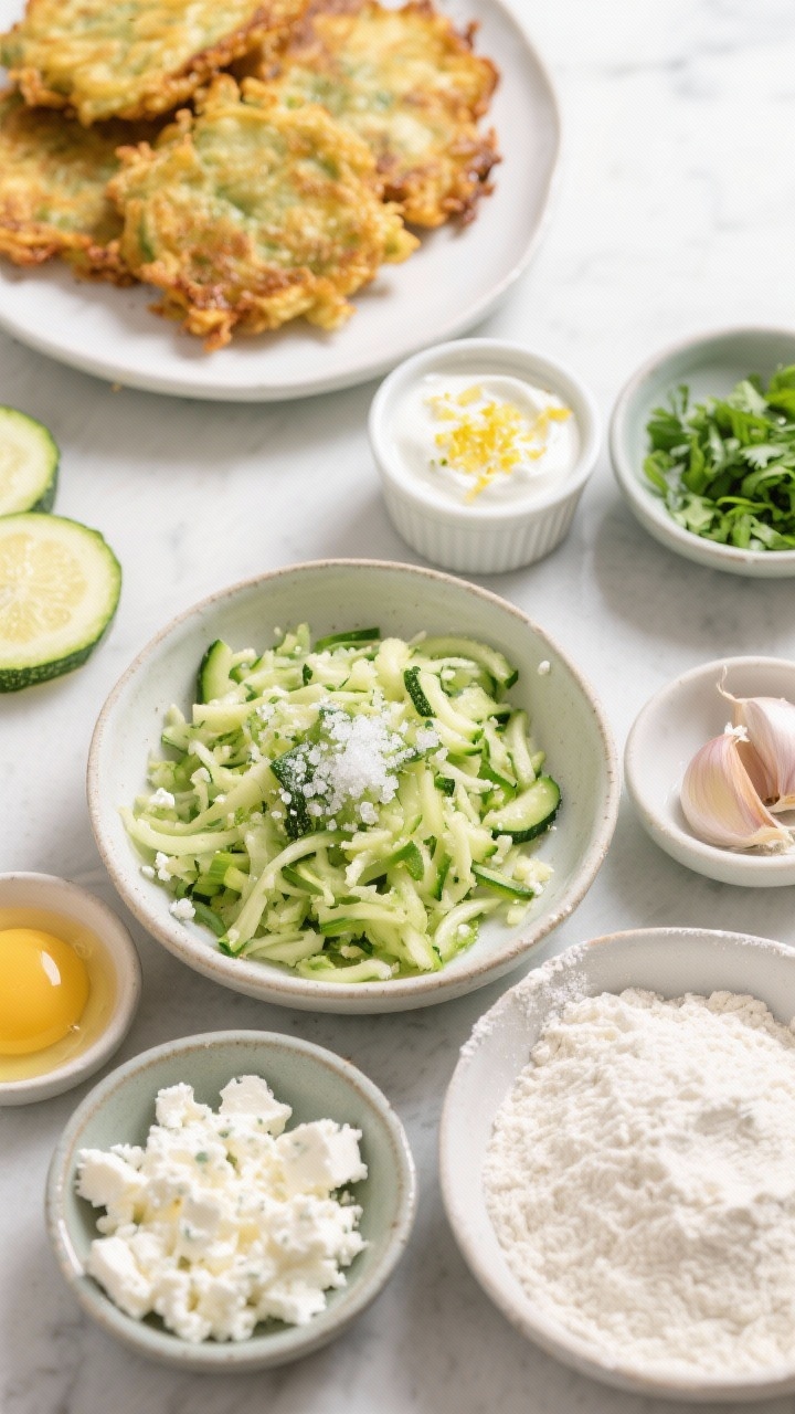 Overhead prep-to-fry scene for garlicky zucchini fritters: a bowl of coarsely grated zucchini sprinkled with kosher salt for draining, beaten eggs nearby, crumbled feta, minced garlic, chopped scallions/parsley, and all-purpose flour arranged in small bowls; in the background, a plate with golden, crisp fritters and a ramekin of lemon yogurt dipping sauce with lemon zest; bright, crisp lighting emphasizing fresh green tones