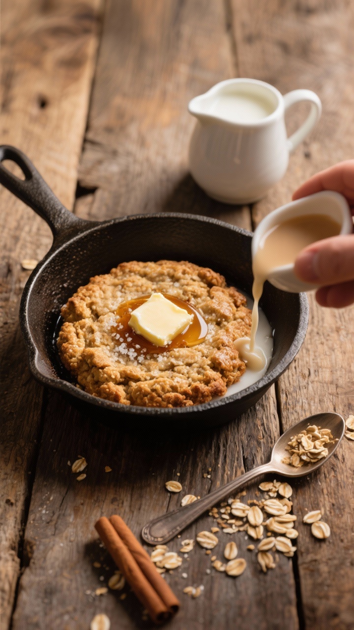 Overhead process shot of a toasted oat “cookie” bowl: quick oats toasted in a skillet with a pat of butter/coconut oil and cinnamon, lightly sweetened with maple syrup, pinch of sea salt visible; alongside, a small jug of warm milk (dairy or unsweetened almond) ready to pour; rustic wooden surface, spoon with oat crumbs, warm, cozy tones.