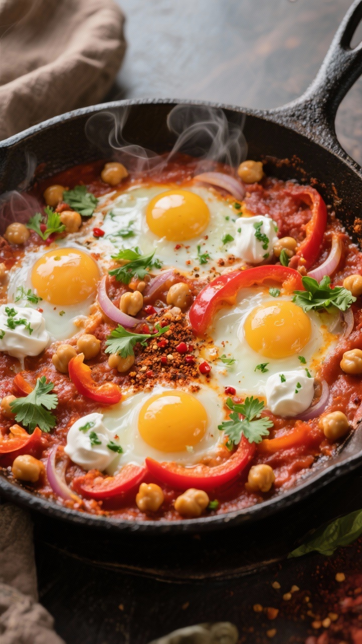 Overhead process shot of spiced shakshuka simmering in a wide cast-iron skillet: tomato base studded with chickpeas, softened onions and red bell pepper ribbons, seasoned with cumin, smoked paprika, and a touch of red pepper flakes; eggs just set with glossy yolks; dollops of zesty herb yogurt (green-flecked) around the pan; sprinkled cilantro; warm, bold colors with gentle steam.