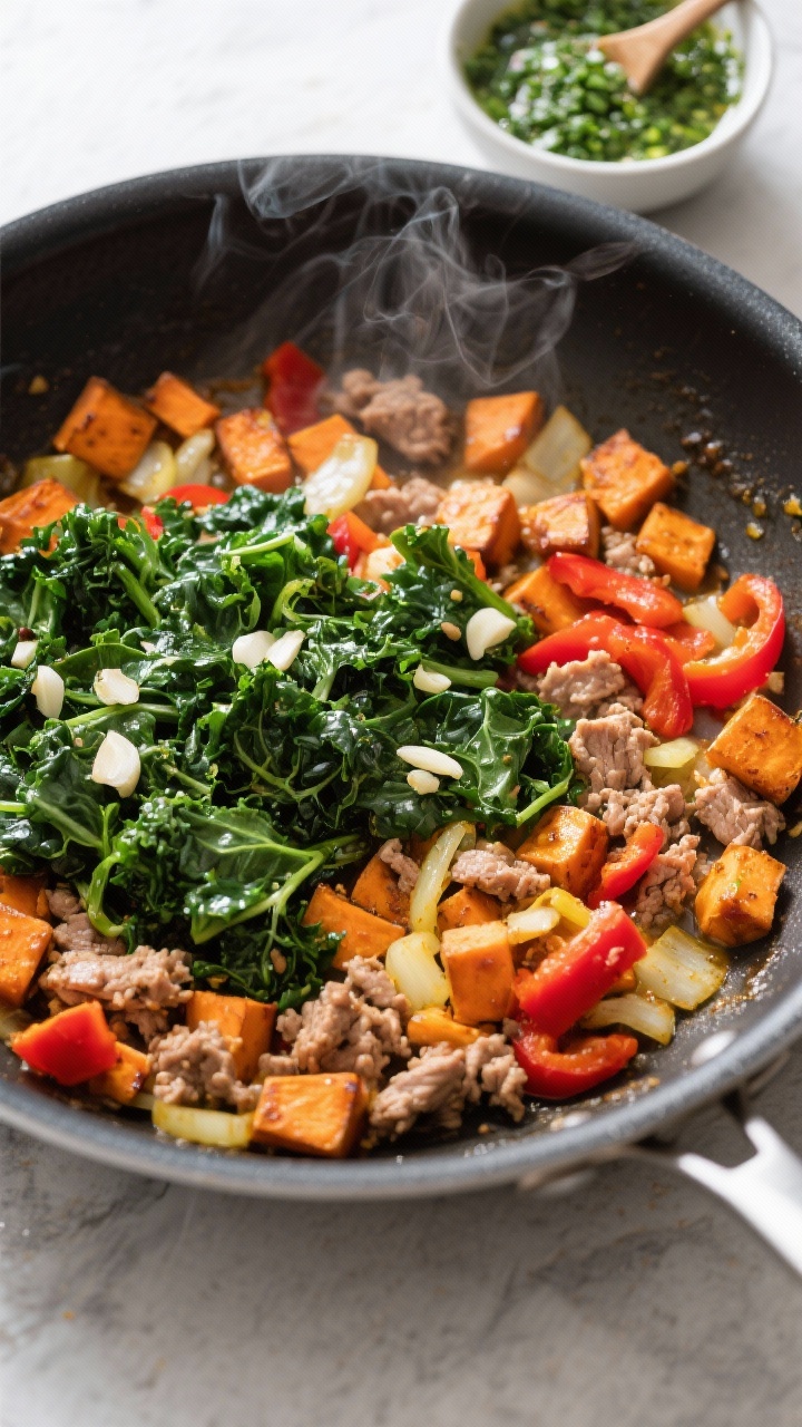 Overhead process shot of the Glow-Up Sweet Potato Turkey Skillet: diced sweet potatoes caramelizing with lean ground turkey, diced yellow onion, and red bell pepper in a large nonstick skillet; chopped kale just added, beginning to wilt with visible garlic bits; a small bowl of bright green chimichurri ready to spoon over; contrasting colors—orange, green, red—against a dark pan; dynamic steam and shine capturing weeknight comfort.