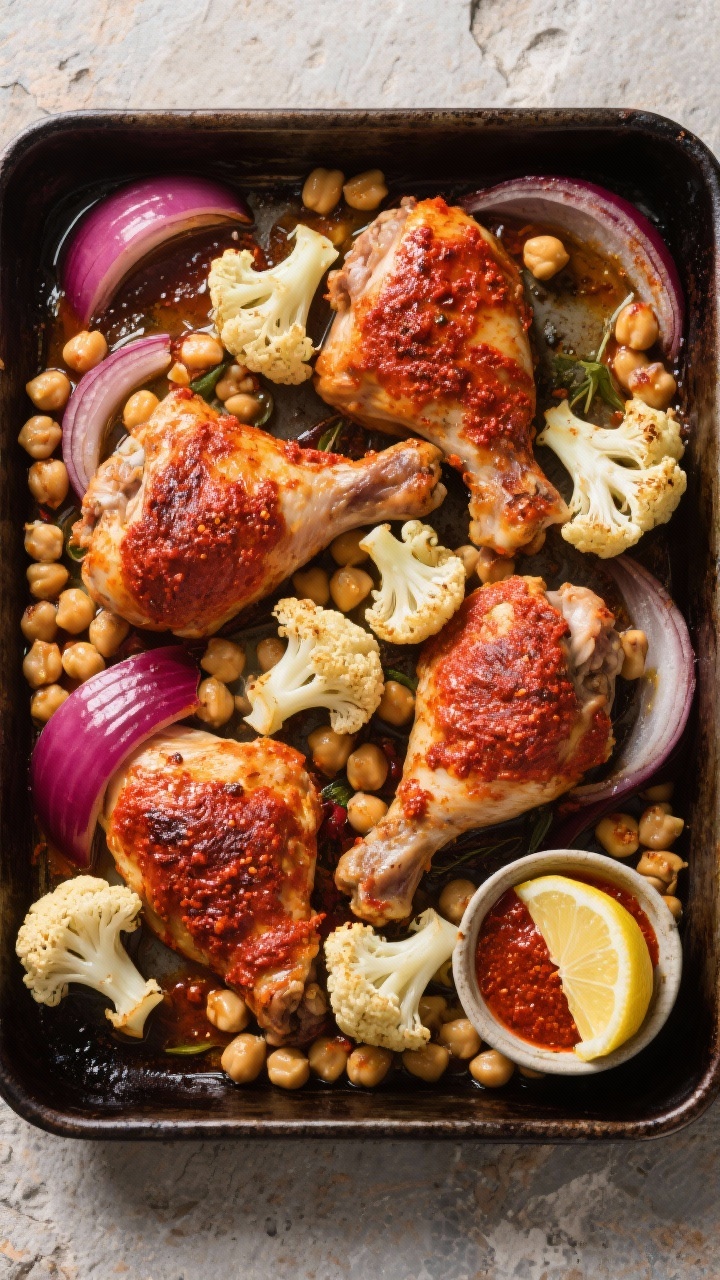 Overhead roasting pan shot: harissa-roasted chicken thighs with cauliflower florets and chickpeas, red onion wedges tucked in. Deep red harissa paste rubbed over chicken, olive oil shine, chickpeas slightly blistered, cauliflower edges caramelized. Rustic, spicy North African mood; a small dish of extra harissa and lemon wedges for brightness on a stone surface.