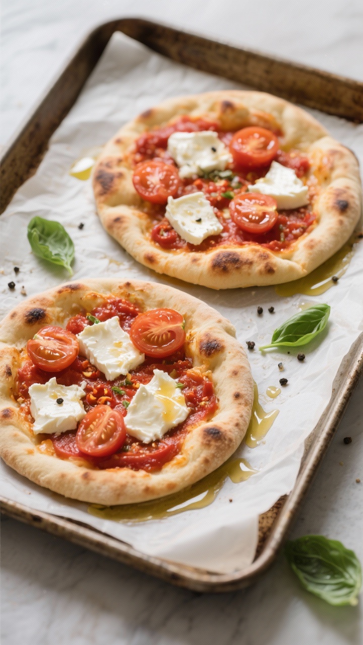 Overhead rustic bake of Margherita-style flatbreads: two naan/flatbreads brushed with olive oil and spread with a thin layer of crushed tomatoes, topped with torn fresh mozzarella and halved cherry tomatoes, baked until bubbly with light charring, finished with a drizzle of chili honey and a pinch of salt and black pepper, basil leaves scattered, set on parchment-lined sheet pan.