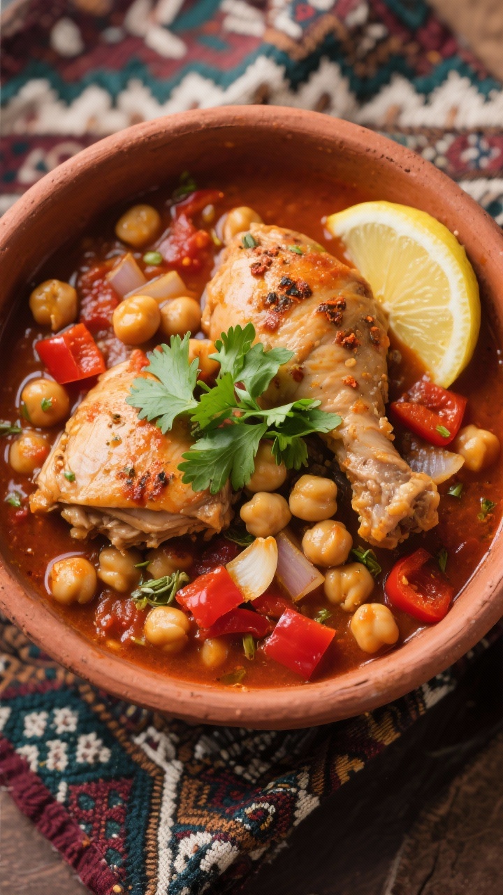 Overhead rustic bowl of Moroccan-Spiced Chickpea and Chicken Stew: boneless chicken thighs in a tomato base with chickpeas, diced onion, minced garlic, and chopped red bell pepper, seasoned with warm Moroccan spices (cumin, coriander, paprika hints); garnished with torn cilantro and lemon wedge; thick, hearty texture with chickpeas and peppers evident, served in an earthenware bowl on a patterned textile evoking North African style.