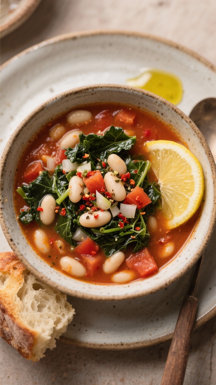 Overhead rustic bowl of Zippy White Bean and Greens Soup: brothy tomato base from diced tomatoes and vegetable broth, creamy cannellini beans, wilted dark greens (kale or chard) threaded throughout, speckles of dried Italian seasoning and optional red pepper flakes, diced onion and minced garlic visible; served with a squeeze of lemon on the side and a drizzle of olive oil, crusty bread tucked into the frame, vibrant yet homey.