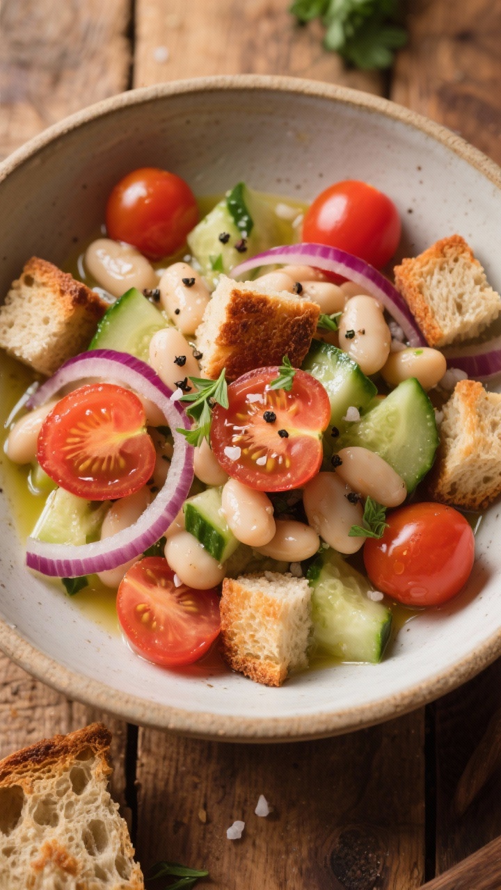 Overhead rustic bowl shot: Creamy white bean and tomato panzanella in a low, wide bowl—2 cups halved cherry tomatoes bursting with juice, 1 cup chopped cucumber, thin slivers of 1/4 small red onion, 1 cup rinsed cannellini beans, and 2 cups 1-inch cubes of whole-grain sourdough (fresh, lightly toasted for clean edition) with a silky olive oil sheen; flecks of black pepper and sea salt, a few torn herbs for freshness; juicy tomato gloss against toasty bread texture; bright, Mediterranean vibe on a wooden tabletop.