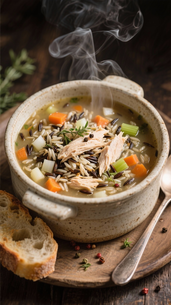 Overhead rustic crock of Chicken and Wild Rice Soup: shredded chicken breasts in a brothy base with a wild rice blend, diced onion, carrots, celery, minced garlic, and dried thyme; steam wafting, pepper flecks visible; ladle resting on the side, toasted bread nearby; hearty textures with chewy rice and tender veg.