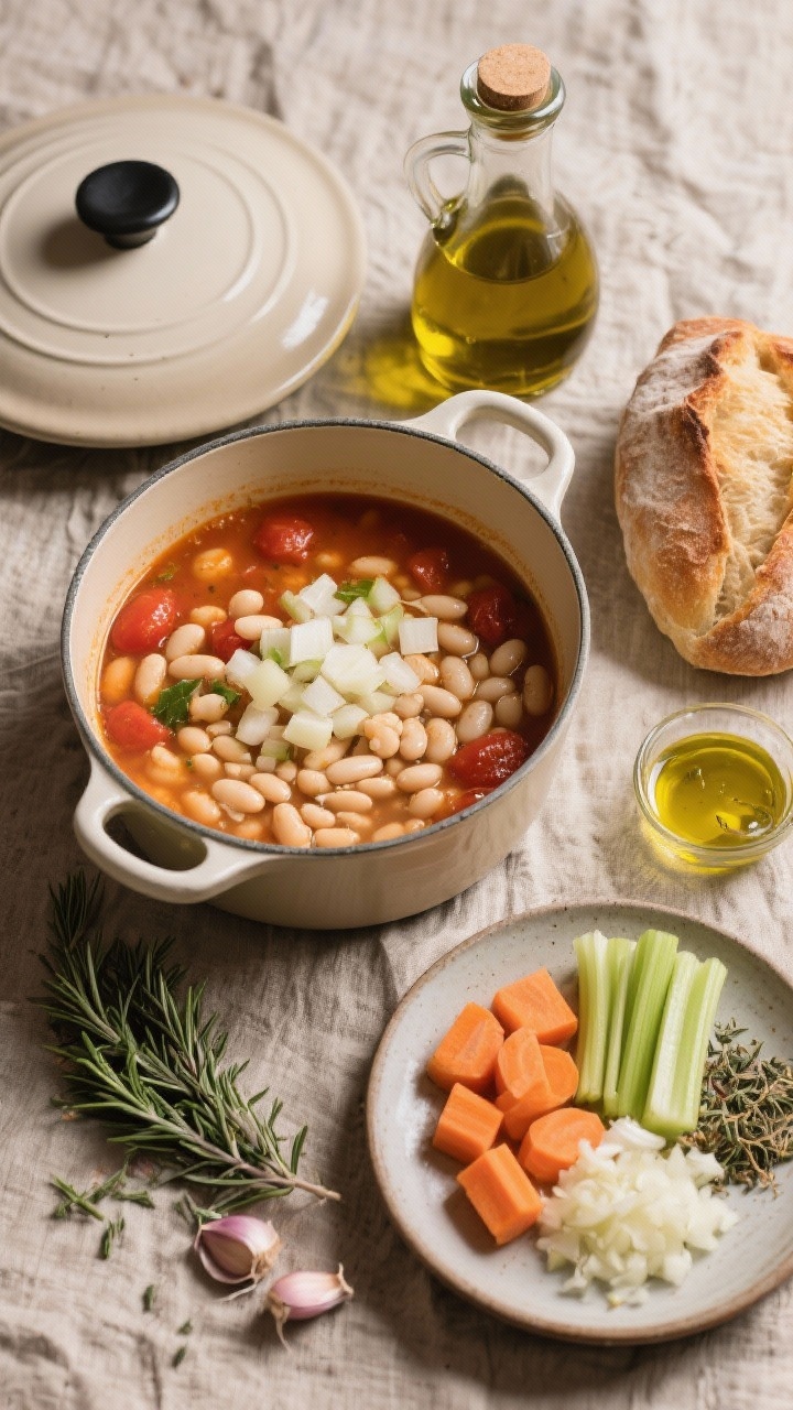 Overhead rustic flat lay of Tuscan white bean soup ingredients and a partially filled pot: diced onion, carrots, and celery, minced garlic, dried rosemary and thyme, olive oil, and cannellini beans ready to join a simmering tomato-tinged broth; a drizzle bottle of olive oil and a crusty heel of bread nearby; warm, countryside aesthetic, textured linen, neutral ceramics, emphasizing the Italian farmhouse mood.
