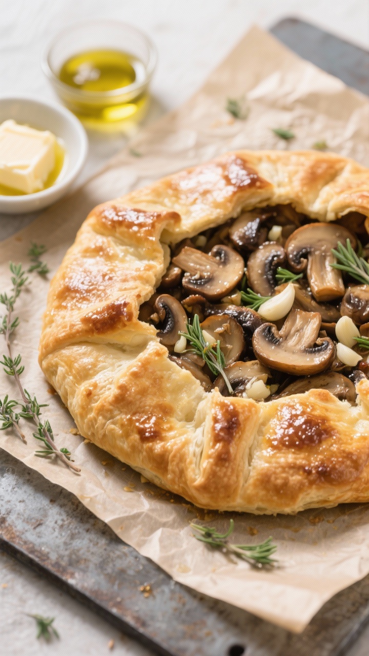 Overhead rustic galette on parchment: golden, flaky pastry folded over a glossy filling of mixed sautéed mushrooms, finely minced garlic, and fresh thyme leaves; edges egg-washed and browned, a few thyme sprigs scattered; butter sheen visible on the mushrooms; styled on a baking steel with a small dish of olive oil and a pat of butter nearby; clean, natural daylight.