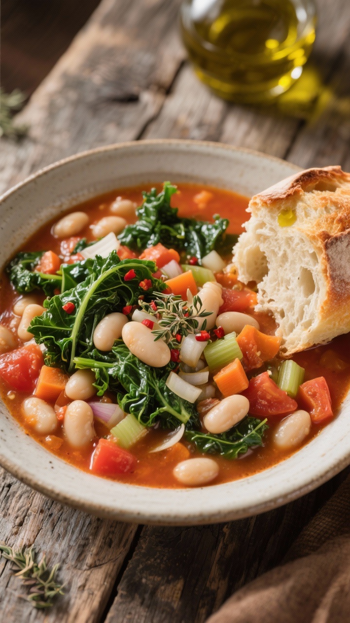 Overhead rustic Italian white bean, kale, and tomato soup: chunky cannellini beans in a tomato-rich broth with diced onion, carrots, celery, and garlic, flecked with dried oregano and a hint of red pepper flakes; deep green kale ribbons throughout; presented in a wide rimmed bowl with a torn piece of crusty bread on the side, olive oil drizzle, set on a weathered wood table, warm natural light.
