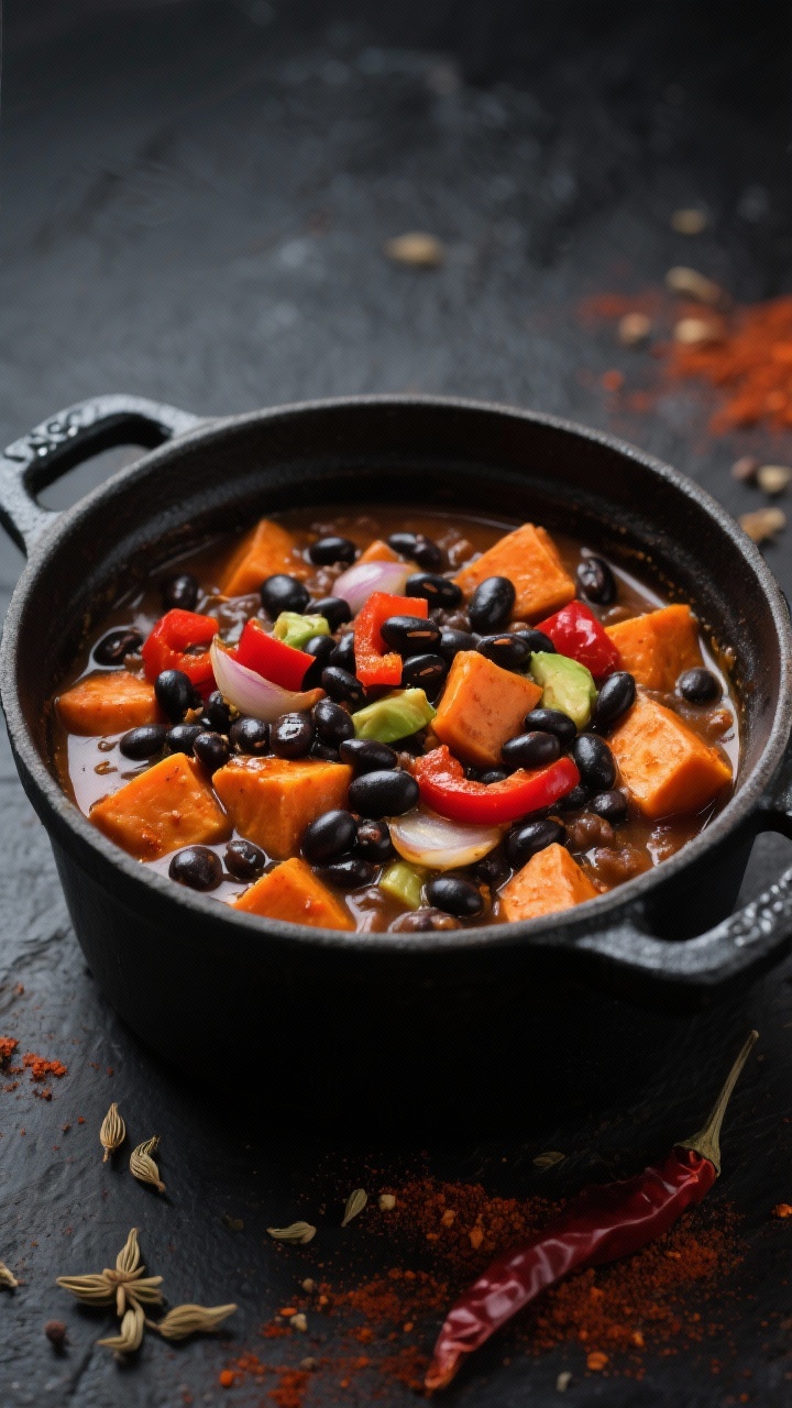 Overhead rustic pot shot of spicy black bean and sweet potato stew: glossy black beans and vibrant orange sweet potato chunks simmered with red bell pepper, onion, garlic, chili powder, cumin, smoked paprika, and a hint of cayenne; thick, hearty texture with a slight sheen of avocado oil; styled in a matte black Dutch oven on a charcoal backdrop with scattered cumin and chili powder, intense, cozy mood.