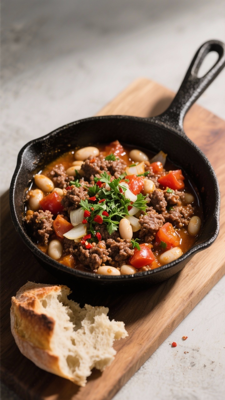 Overhead rustic skillet of zesty beef, tomato, and white bean: lean ground beef simmered with diced onions, garlic, Italian herbs, red pepper flakes, canned diced tomatoes, and creamy white beans; garnished with chopped parsley; olive oil drizzle catching the light; served in a black skillet on a wooden board with a torn piece of crusty bread at the edge.