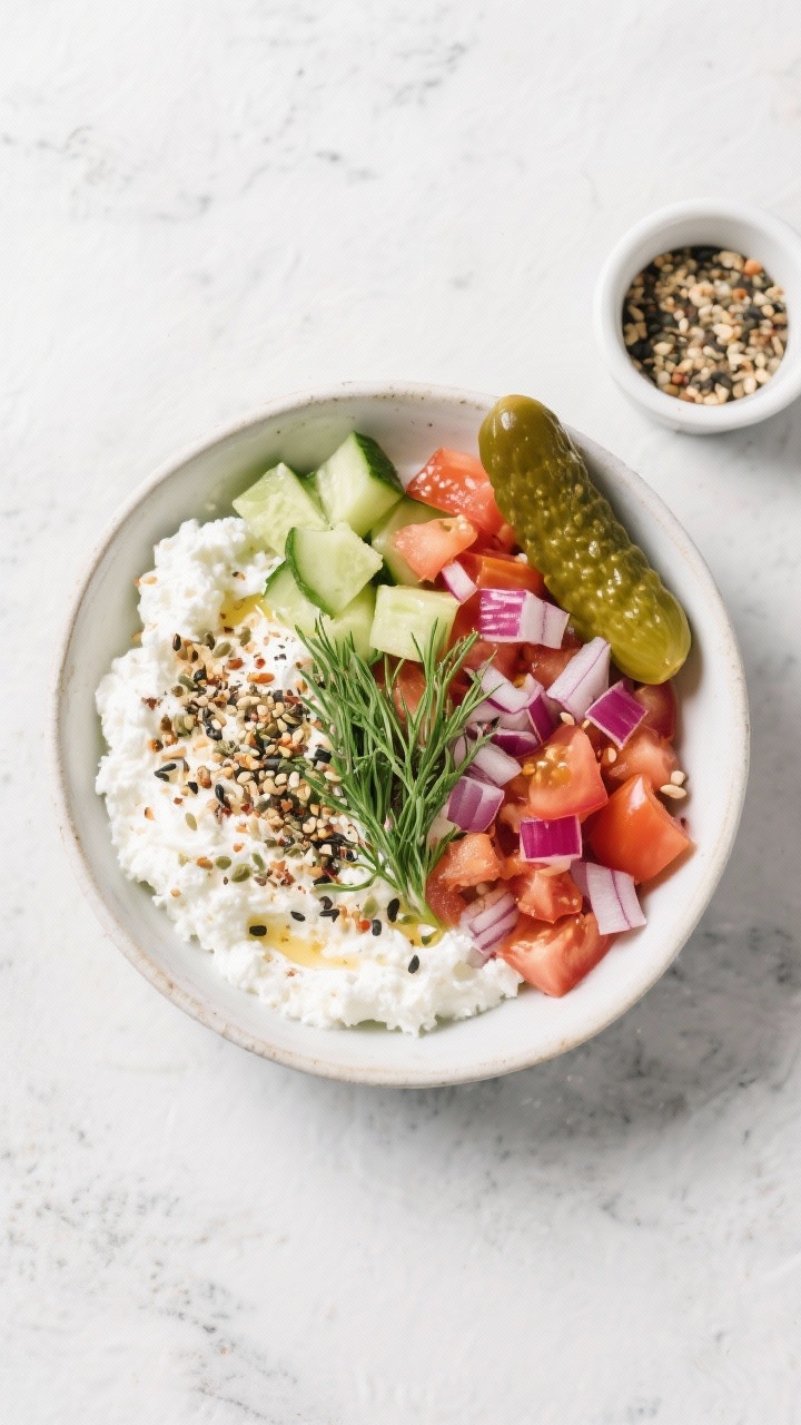 Overhead savory cottage cheese bowl with everything bagel vibes: low-fat cottage cheese in a shallow bowl topped with diced cucumber, diced tomato, finely chopped red onion, chopped dill pickle spear, and a generous sprinkle of Everything Bagel seasoning; garnished with fresh dill; set on a light stone surface with a small ramekin of seasoning nearby, crisp, clean, deli-inspired aesthetic.