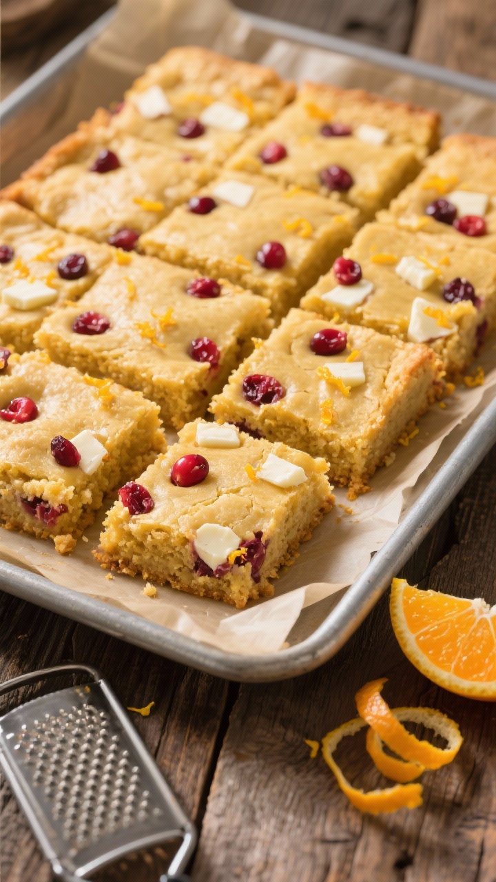 Overhead sheet-pan blondies just cut into squares: golden, slightly crackly tops studded with ruby cranberries, creamy white chocolate chunks, and bright specks of orange zest; a microplane with orange zest curls and a zested orange at the edge of frame; warm, even lighting emphasizing gooey centers and buttery crumb; parchment-lined metal pan on a rustic wood surface.