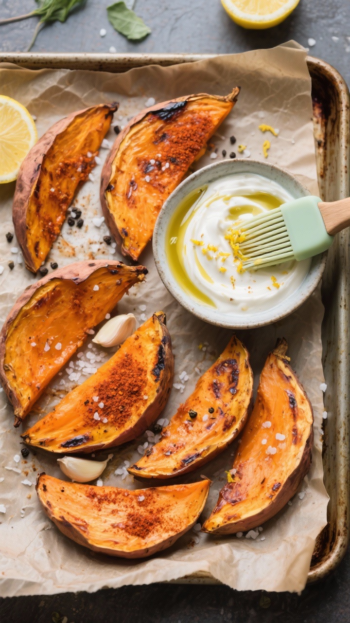 Overhead sheet-pan composition: wedge-cut sweet potatoes with skins on, roasted to caramelized edges, seasoned with smoked paprika, garlic powder, fine sea salt, and freshly cracked black pepper. A side bowl of zingy yogurt-tahini dip garnished with lemon zest and pepper. Include a silicone brush with avocado oil streaks, and scattered flaky salt. Rustic baking parchment, vibrant orange wedges with charred tips.