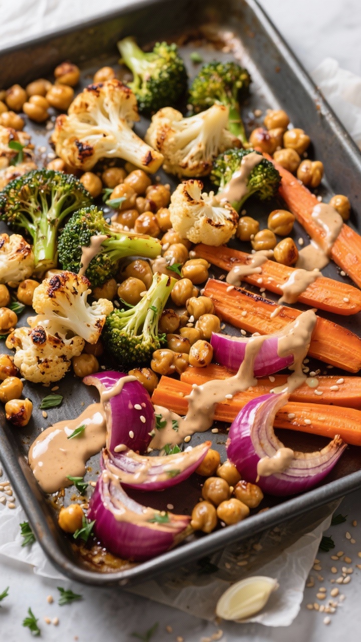 Overhead sheet pan ingredient-cooking shot for Roasted Veggie Power: golden roasted chickpeas, broccoli and cauliflower florets with charred edges, carrots sliced on a bias, and wedges of red onion, all drizzled mid-shot with a creamy tahini-garlic sauce; warm, caramelized tones on a dark metal sheet pan with parchment, scattered sesame and herb flecks for contrast.