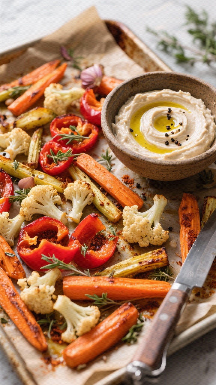 Overhead sheet-pan roast with dip: colorful veggie sticks (carrot sticks, cauliflower florets, red bell pepper slices) tossed in olive oil, smoked paprika, dried oregano, salt and pepper, roasted to light caramelization on parchment; alongside a rustic bowl of garlicky white bean dip (creamy, swirled top, olive oil drizzle, cracked pepper); warm tones, scattered herbs, a simple knife and serving tongs in frame, inviting family-style presentation with crisp-roasty edges emphasized.
