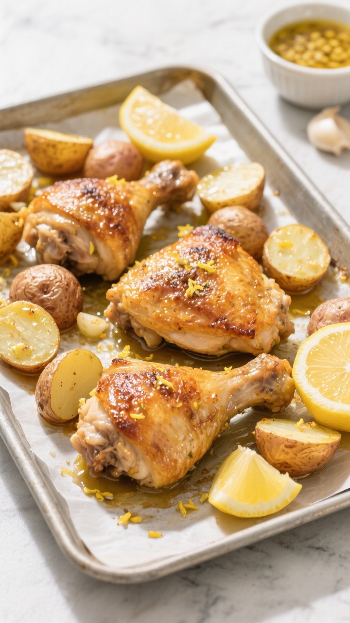 Overhead sheet-pan scene: golden bone-in, skin-on chicken thighs with deeply crisped skin nestled among halved baby potatoes, all glistening with lemon-garlic olive oil. Visible lemon zest flecks, lemon halves squeezed and a small bowl of Dijon-garlic marinade on the side. Cozy, sunlit kitchen mood on a parchment-lined metal sheet pan over a light stone surface; emphasis on crunchy potato edges, rendered chicken fat, and bright citrus shine.